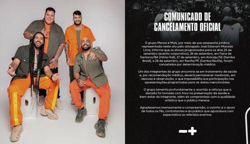 
Show do grupo Menos é Mais no Samba Brasil em Aracaju é cancelado