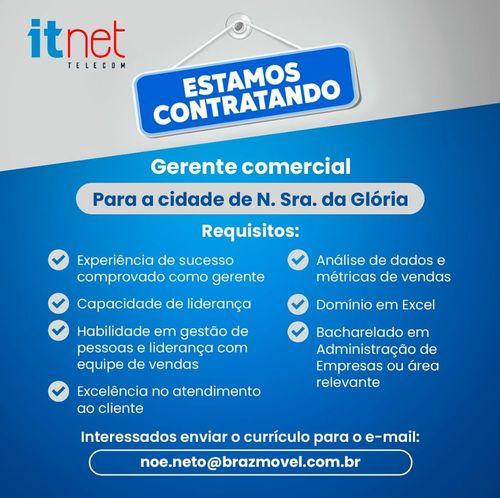 Itnet Telecom busca gerente comercial em Nossa Senhora da Glória
